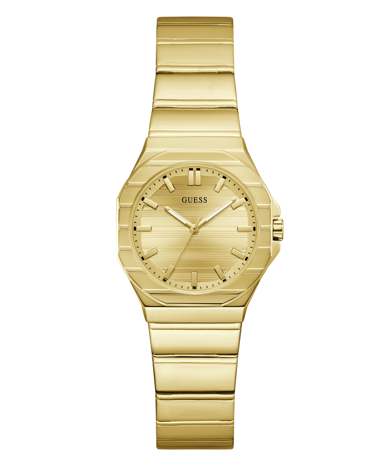 Gold-tone women's analog watch with a matching metal link bracelet, featuring a textured gold dial, gold hour markers, and the GUESS brand name at 12 o'clock.