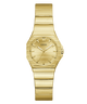 Gold-tone women's analog watch with a matching metal link bracelet, featuring a textured gold dial, gold hour markers, and the GUESS brand name at 12 o'clock.