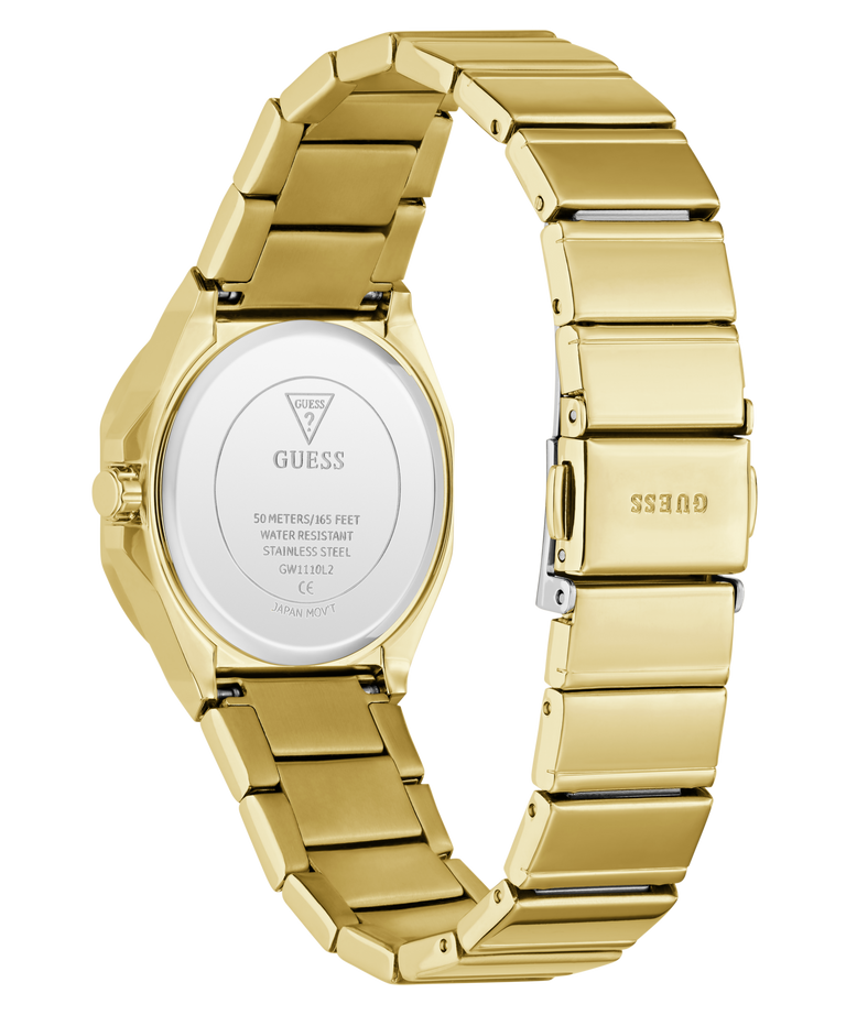 Gold-tone stainless steel watch with a link bracelet, shown from the back on a white background. The back case displays the GUESS logo and specifications, and the clasp is marked GUESS.