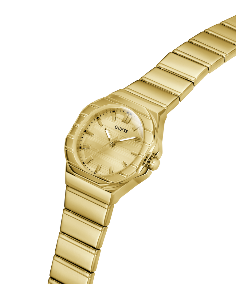 A silver-tone stainless steel women's watch by GUESS, featuring an octagonal bezel, a matching silver dial with bar indices, and a multi-link bracelet, shown on a plain white background. lifestyle