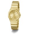 Gold-tone stainless steel women's watch by Guess with a multi-faceted bezel, matching gold dial and integrated link bracelet, shown on a white background with a soft shadow.
