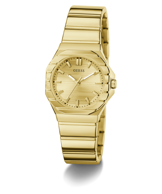 Gold-tone stainless steel women's watch by Guess with a multi-faceted bezel, matching gold dial and integrated link bracelet, shown on a white background with a soft shadow.