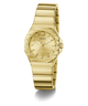 Gold-tone stainless steel women's watch by Guess with a multi-faceted bezel, matching gold dial and integrated link bracelet, shown on a white background with a soft shadow.