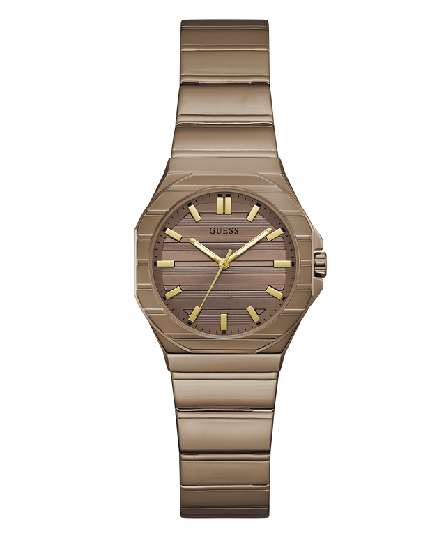 A Guess women's analog watch featuring a metallic bronze-tone case and integrated link bracelet, with a matching wood-grain textured dial and gold-tone hour markers.