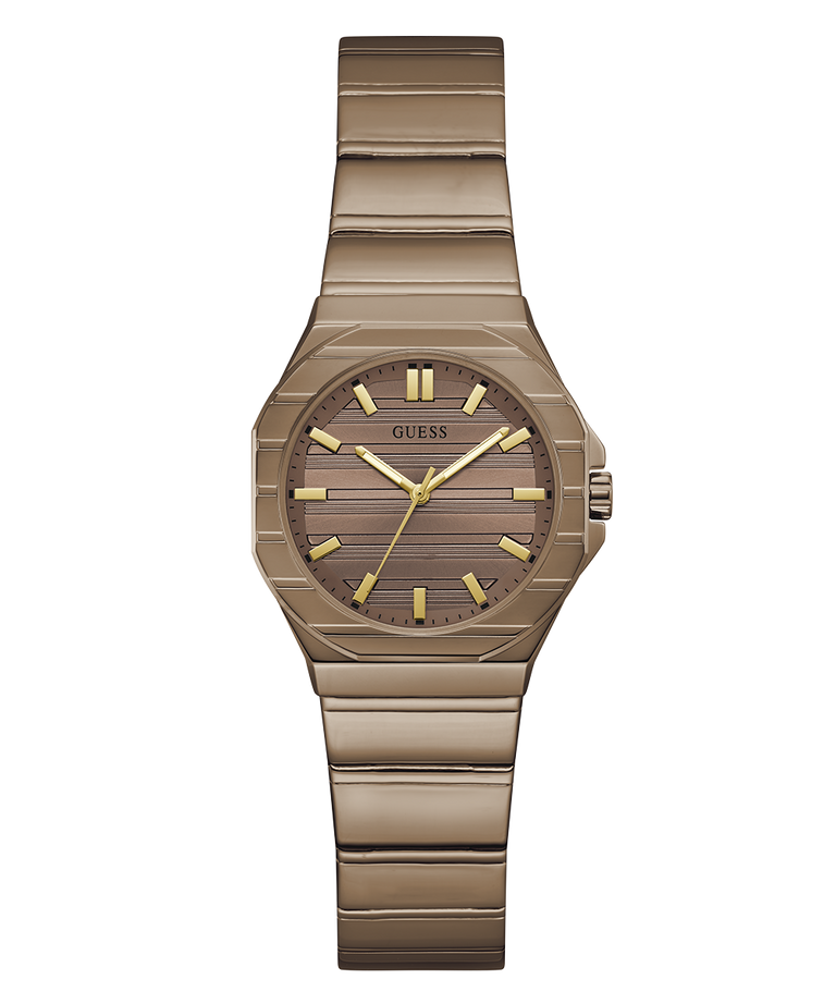 A Guess women's analog watch featuring a metallic bronze-tone case and integrated link bracelet, with a matching wood-grain textured dial and gold-tone hour markers.