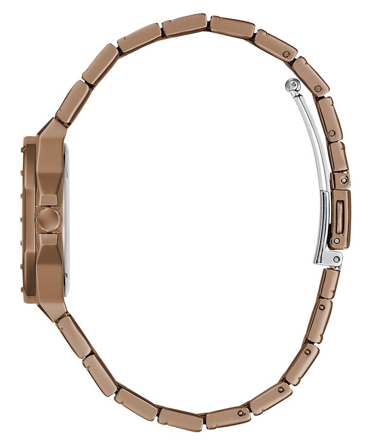 A close-up side view of a watch with a metallic coffee link bracelet and a silver-toned clasp, shown on a plain white background.