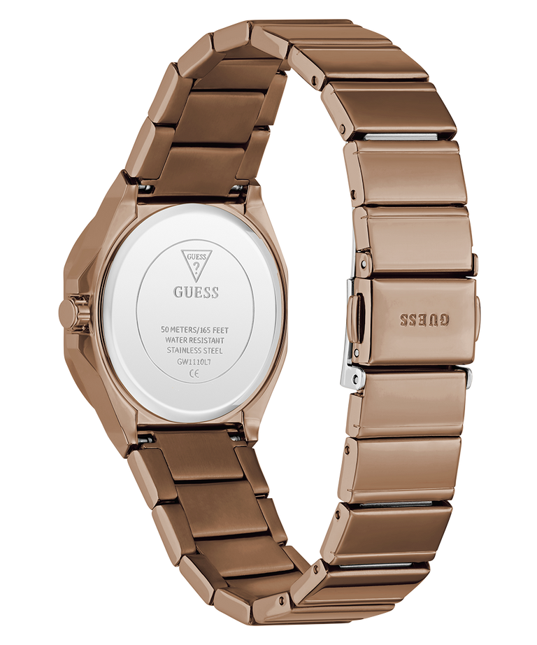 Coffee stainless steel women's watch shown from the back, featuring a metallic link bracelet and a circular case backplate with GUESS branding.