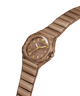 A Guess women's watch featuring a metallic rose gold-tone case and link bracelet, with a matching rose gold dial and gold-tone hour markers and hands, shown on a plain white background. lifestyle