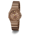 A Guess women's watch featuring a rose gold-tone stainless steel case and integrated link bracelet, with a matching rose gold dial and gold-tone hands and hour markers.