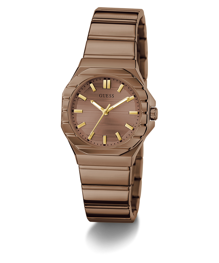 A Guess women's watch featuring a rose gold-tone stainless steel case and integrated link bracelet, with a matching rose gold dial and gold-tone hands and hour markers.