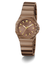A Guess women's watch featuring a rose gold-tone stainless steel case and integrated link bracelet, with a matching rose gold dial and gold-tone hands and hour markers.