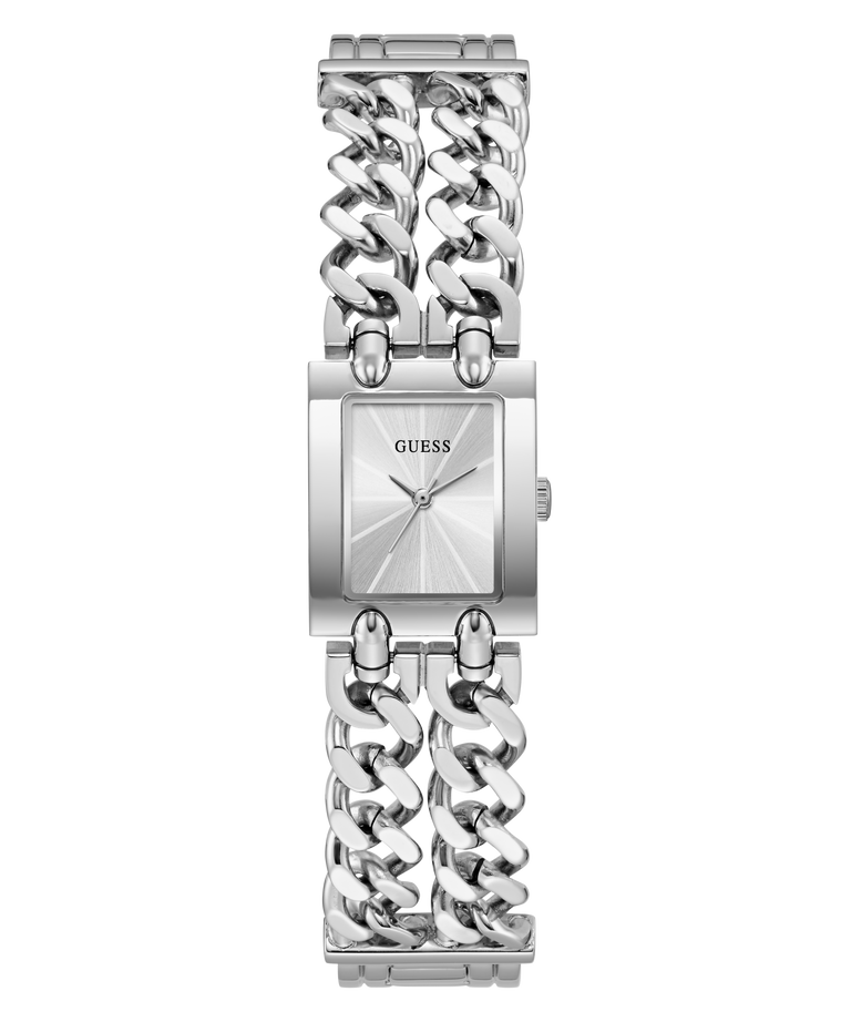 A GUESS women's analog watch with a silver-tone rectangular case and a distinctive interlocking chain-link bracelet, shown against a plain white background.