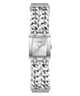 A GUESS women's analog watch with a silver-tone rectangular case and a distinctive interlocking chain-link bracelet, shown against a plain white background.