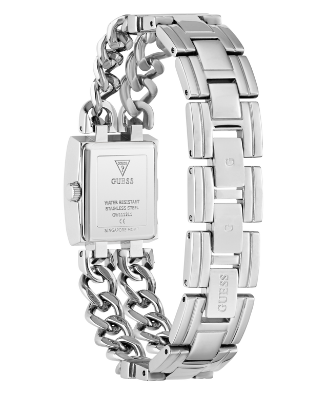 A silver stainless steel women's watch shown from the back, featuring a rectangular case and a multi-link chain bracelet with a hinged clasp, on a plain white background.