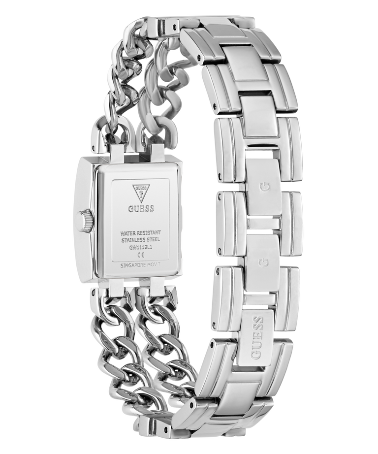 A silver stainless steel women's watch shown from the back, featuring a rectangular case and a multi-link chain bracelet with a hinged clasp, on a plain white background.