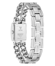 A silver stainless steel women's watch shown from the back, featuring a rectangular case and a multi-link chain bracelet with a hinged clasp, on a plain white background.