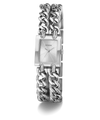 A Guess women's watch featuring a silver-tone rectangular case and a double-strand curb chain bracelet, shown on a clean white background.