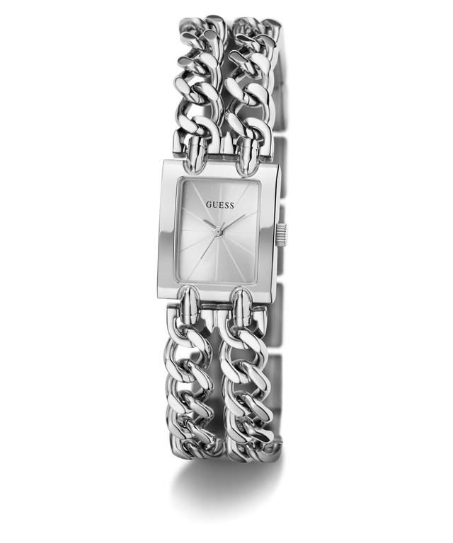 A Guess women's watch featuring a silver-tone rectangular case and a double-strand curb chain bracelet, shown on a clean white background.