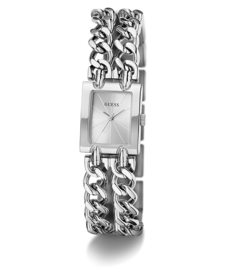 A Guess women's watch featuring a silver-tone rectangular case and a double-strand curb chain bracelet, shown on a clean white background.