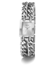 A Guess women's watch featuring a silver-tone rectangular case and a double-strand curb chain bracelet, shown on a clean white background.
