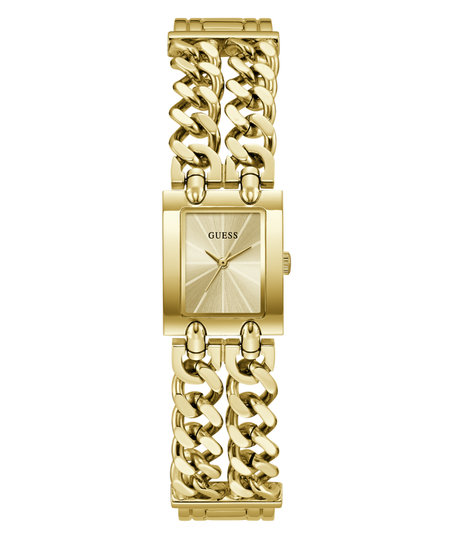 Gold-tone Guess women's watch with a rectangular dial, gold sunburst face, and a chunky chain-link metal bracelet on a plain white background.