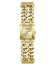 Gold-tone Guess women's watch with a rectangular dial, gold sunburst face, and a chunky chain-link metal bracelet on a plain white background.