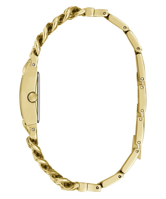 Gold-tone watch band shown from the side, featuring a twisted rope link design on the lower section and polished rectangular links on the upper section, photographed on a plain white background.
