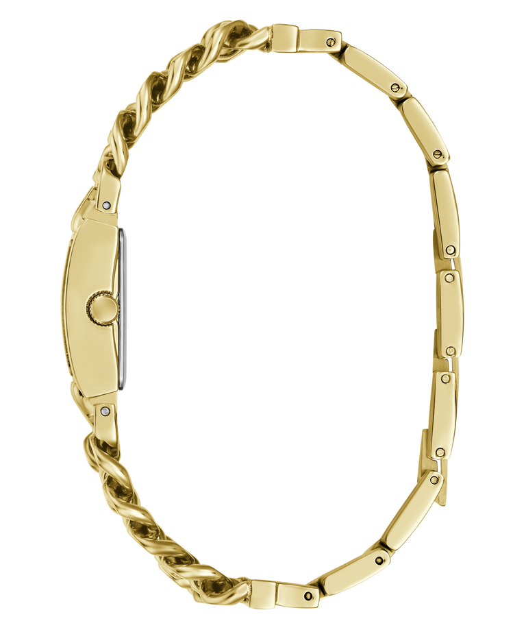 Gold-tone watch band shown from the side, featuring a twisted rope link design on the lower section and polished rectangular links on the upper section, photographed on a plain white background.