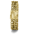 Gold-tone women's watch by Guess with a rectangular dial and a bold, multi-strand chain-link bracelet, shown on a clean white background.