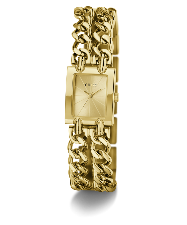 Gold-tone women's watch by Guess with a rectangular dial and a bold, multi-strand chain-link bracelet, shown on a clean white background.