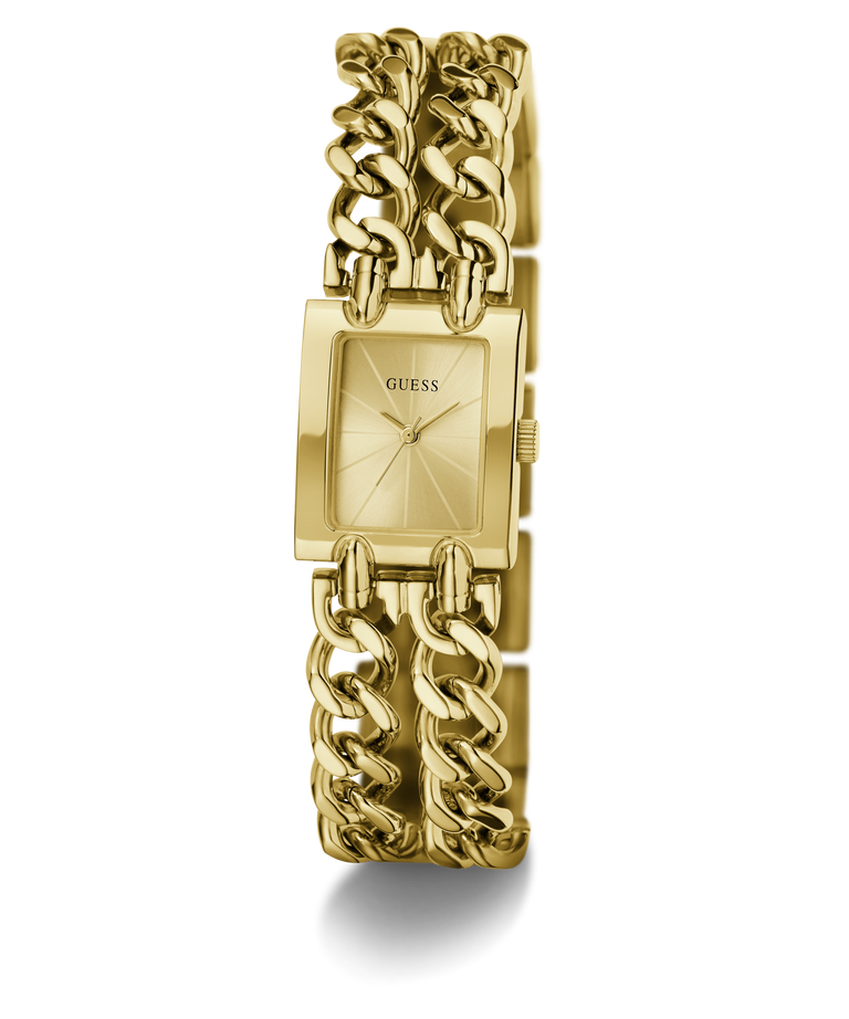 Gold-tone women's watch by Guess with a rectangular dial and a bold, multi-strand chain-link bracelet, shown on a clean white background.