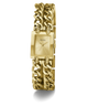 Gold-tone women's watch by Guess with a rectangular dial and a bold, multi-strand chain-link bracelet, shown on a clean white background.