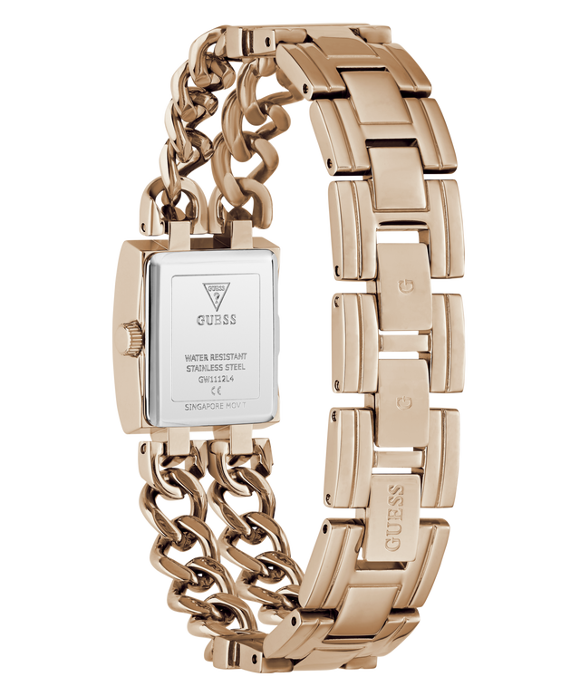 A rose gold-tone stainless steel watch by Guess, shown from the back with its rectangular case and link bracelet visible against a plain white background.