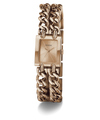 A rose gold-tone women's watch by Guess, featuring a rectangular dial with a sunburst pattern and a multi-link chain bracelet, shown on a clean white background.