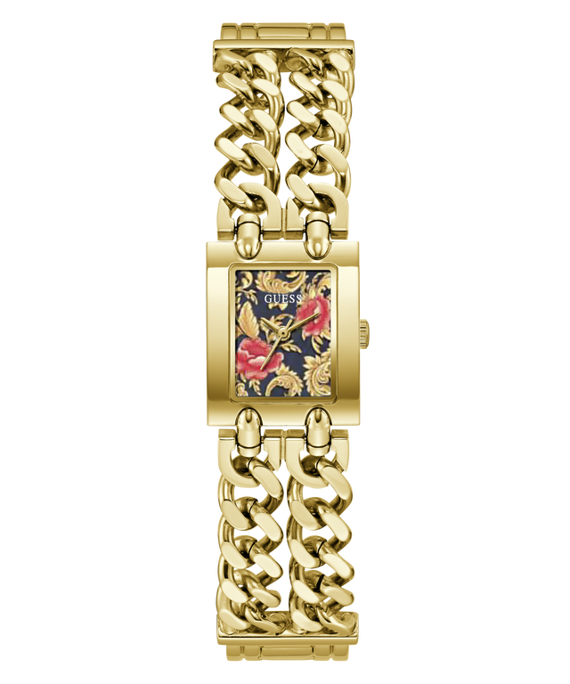 A gold-tone women's wristwatch with a rectangular case, a floral-patterned dial, and a chunky curb-link metal bracelet on a plain white background.