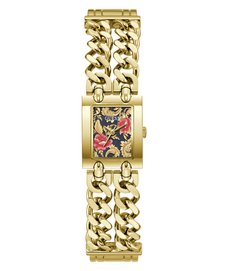 A gold-tone women's wristwatch with a rectangular case, a floral-patterned dial, and a chunky curb-link metal bracelet on a plain white background.