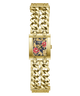 A gold-tone women's wristwatch with a rectangular case, a floral-patterned dial, and a chunky curb-link metal bracelet on a plain white background.