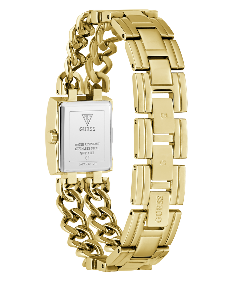 Gold-tone stainless steel women's watch with a rectangular case and a dual-link chain bracelet, shown from the back on a white background.
