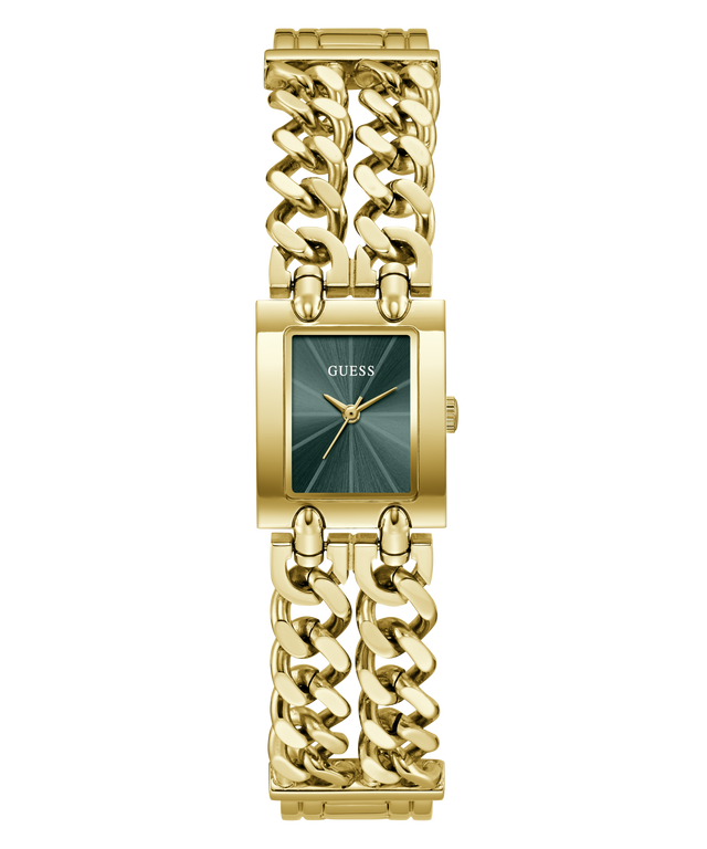 A GUESS women's watch featuring a gold-tone rectangular case and a thick, interlocking curb-link bracelet. The watch face has a dark green sunburst dial with gold-tone hands and the GUESS brand name printed at the 12 o'clock position.