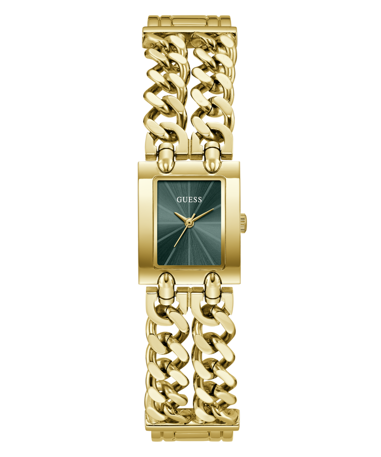 A GUESS women's watch featuring a gold-tone rectangular case and a thick, interlocking curb-link bracelet. The watch face has a dark green sunburst dial with gold-tone hands and the GUESS brand name printed at the 12 o'clock position.