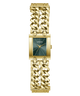 A GUESS women's watch featuring a gold-tone rectangular case and a thick, interlocking curb-link bracelet. The watch face has a dark green sunburst dial with gold-tone hands and the GUESS brand name printed at the 12 o'clock position.