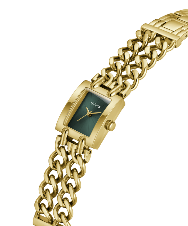 Gold-tone women's wristwatch with a rectangular green dial and a matching curb-link metal bracelet, shown on a plain white background. lifestyle