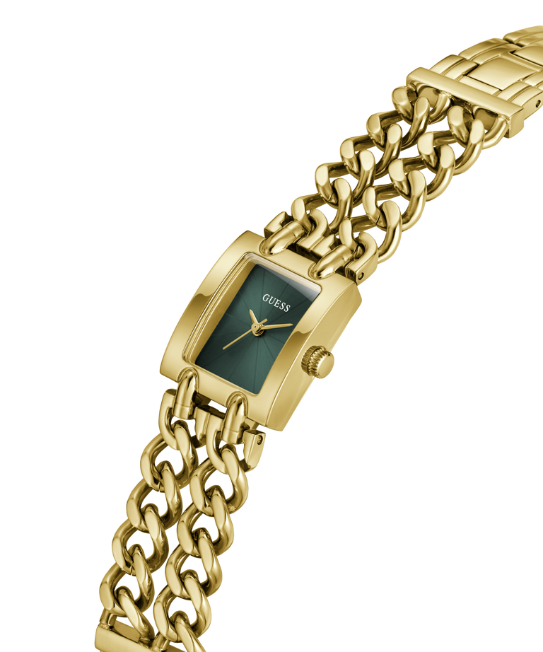 Gold-tone women's wristwatch with a rectangular green dial and a matching curb-link metal bracelet, shown on a plain white background. lifestyle