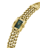 Gold-tone women's wristwatch with a rectangular green dial and a matching curb-link metal bracelet, shown on a plain white background. lifestyle
