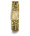 Gold-tone Guess watch with a rectangular crystal-detailed dial and a double-strand curb link bracelet, shown on a white background.