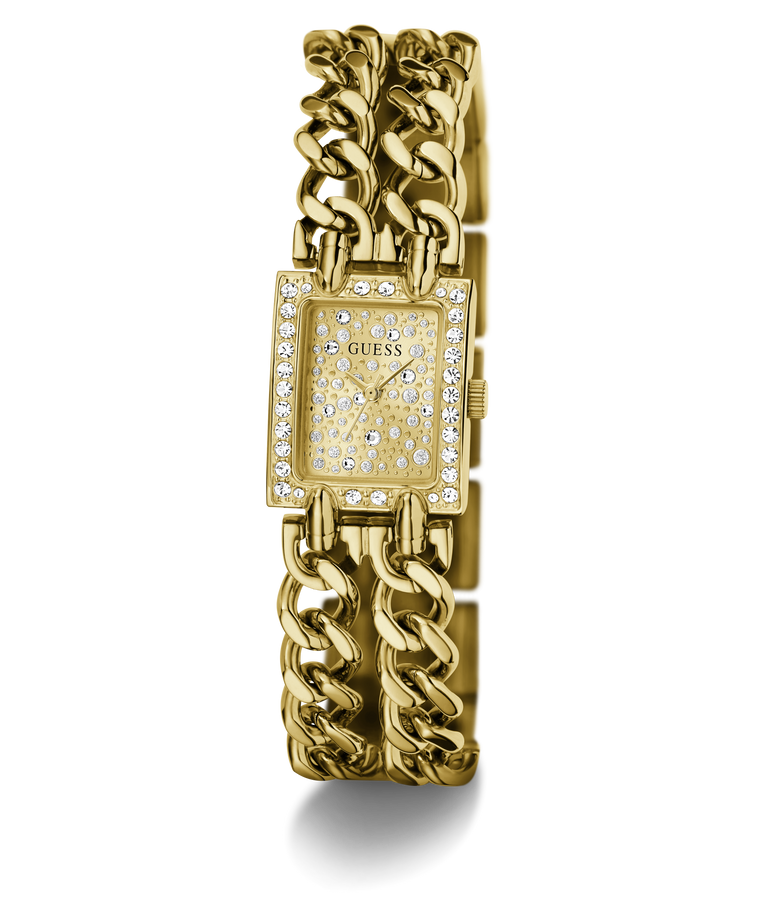 Gold-tone Guess watch with a rectangular crystal-detailed dial and a double-strand curb link bracelet, shown on a white background.