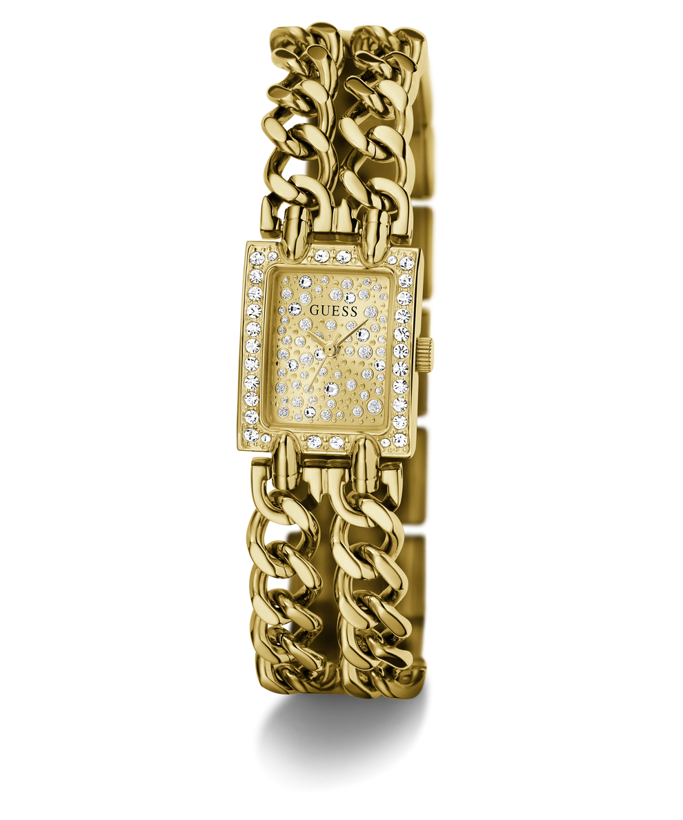 Gold-tone Guess watch with a rectangular crystal-detailed dial and a double-strand curb link bracelet, shown on a white background.