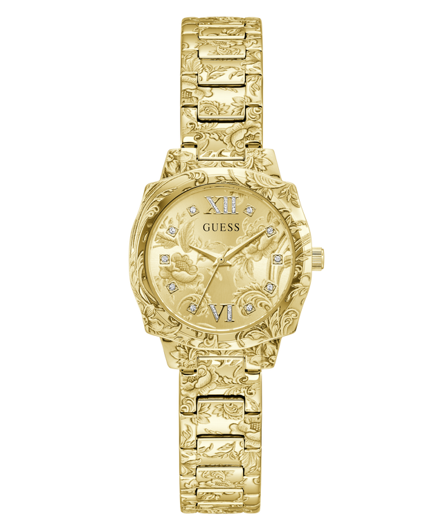 Gold-tone Guess watch with an ornate floral and scroll patterned metal bracelet and matching case, featuring a gold dial with Roman numerals and crystal hour markers.