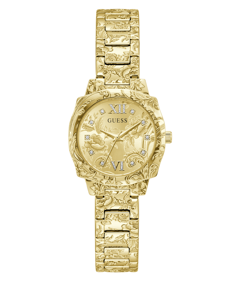 Gold-tone Guess watch with an ornate floral and scroll patterned metal bracelet and matching case, featuring a gold dial with Roman numerals and crystal hour markers.