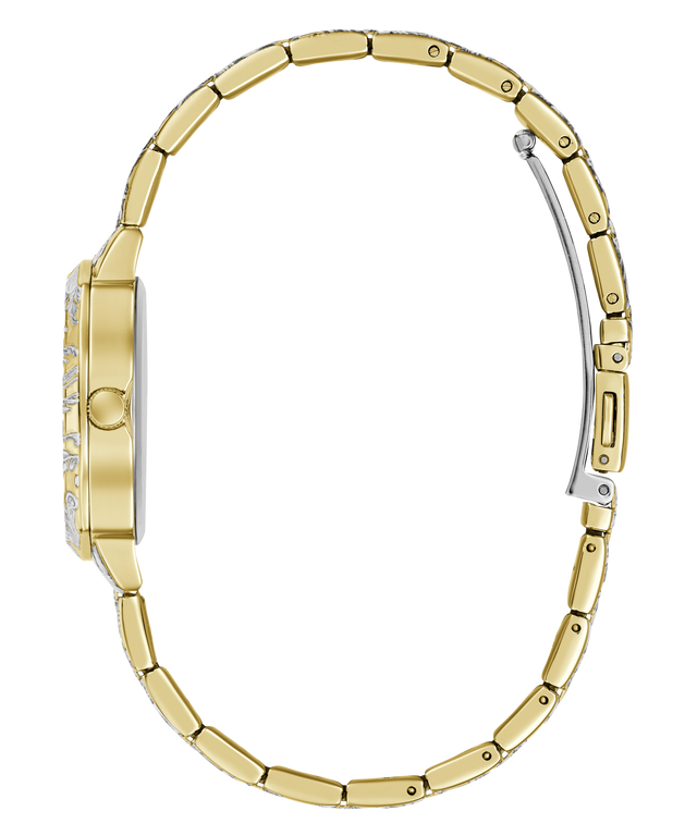 A close-up side view of a gold-tone metal link bracelet watch with a silver-toned clasp, shown on a plain white background.
